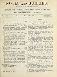 Notes and Queries, Number 198, August 13, 1853: A Medium of Inter-communication for Literary Men, Artists, Antiquaries, Geneologists, etc.